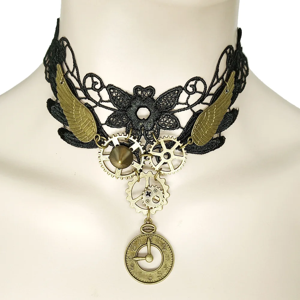 New Black Lace Vintage Clock Watch Gear Clavicle Chain Ladies earrings necklace set Gothic Lolita Temperament Cosplay Jewelry
New Black Lace Vintage Clock Watch Gear Clavicle Chain Ladies earrings necklace set Gothic Lolita Temperament Cosplay Jewelry