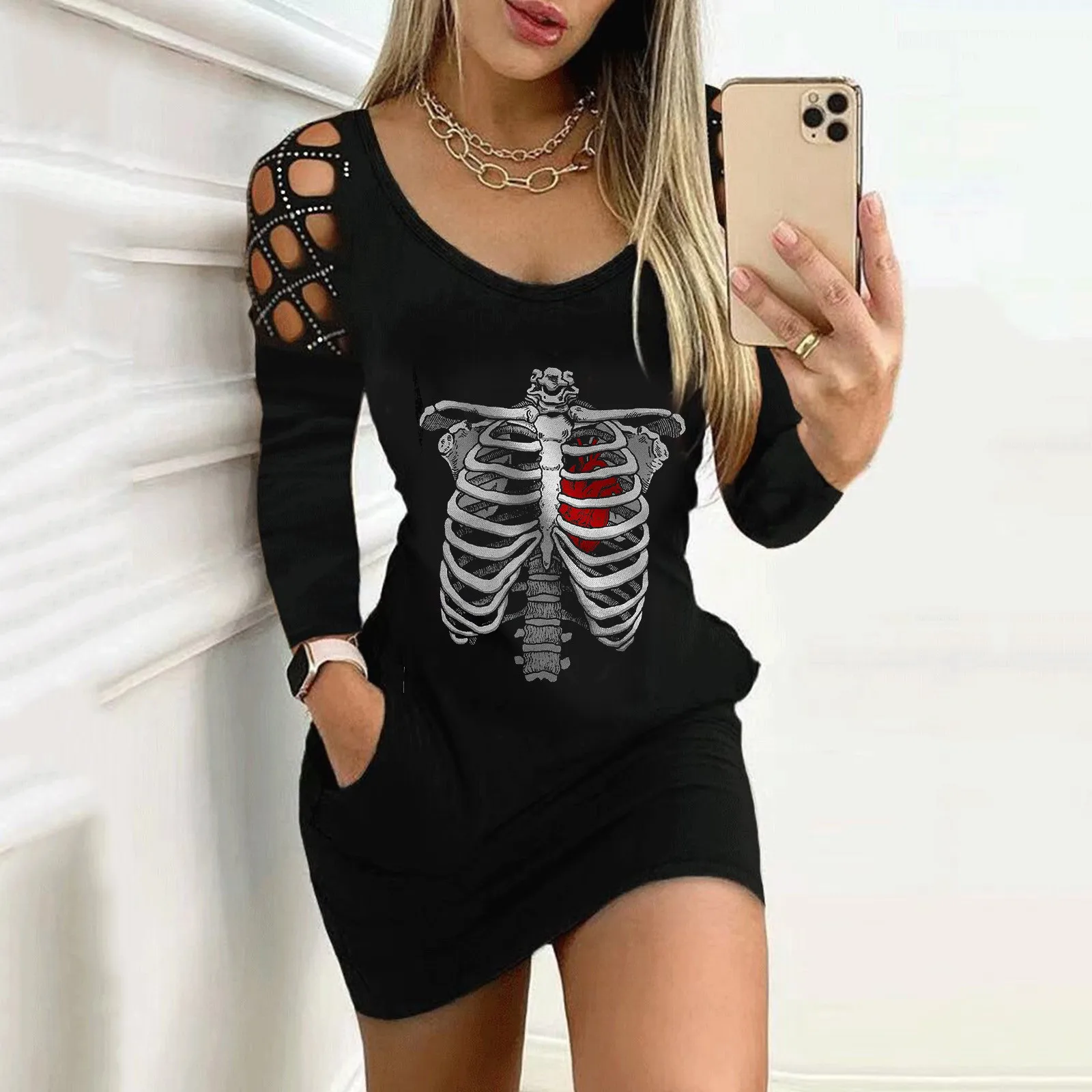 Women Sexy Mini Dress Rhinestones Skeleton Print Bodycon Dress Party Elegant Casual Fashion Dress Clothes for Women Halloween
Women Sexy Mini Dress Rhinestones Skeleton Print Bodycon Dress Party Elegant Casual Fashion Dress Clothes for Women Halloween