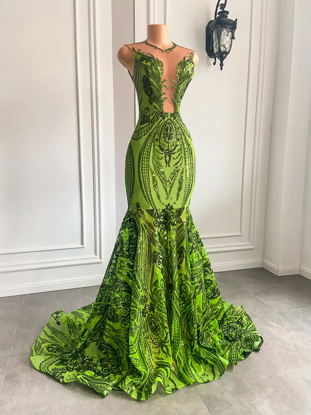 

Private Custom Long Sparkly Prom Dresses 2023 Sexy Mermaid Style Sheer O-neck Mint Green Black Girl Prom Gala Party Gowns
