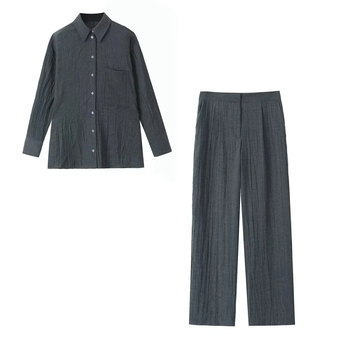 TRAF Woman Autumn Wrinkled Shirt Suit Grey Lapel Long Sleeves Shirt Blouse Chic Woman’s Button Casual Shirt+Wide Leg Pant Sets 
TRAF Woman Autumn Wrinkled Shirt Suit Grey Lapel Long Sleeves Shirt Blouse Chic Woman’s Button Casual Shirt+Wide Leg Pant Sets