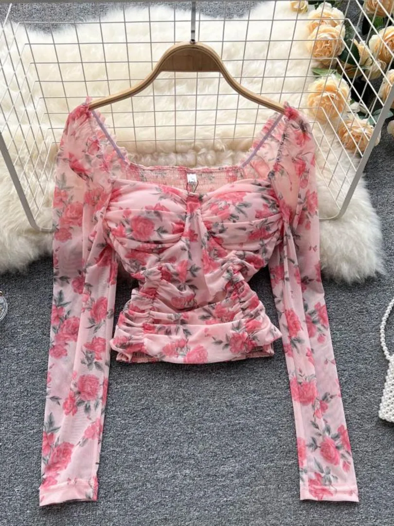 French Style Floral Print Blouse Summer Women Mesh Shirt Elegant Square Collar Long Sleeve Slim Ruched Cropped Blouse Shirt Tops
French Style Floral Print Blouse Summer Women Mesh Shirt Elegant Square Collar Long Sleeve Slim Ruched Cropped Blouse Shirt Tops
