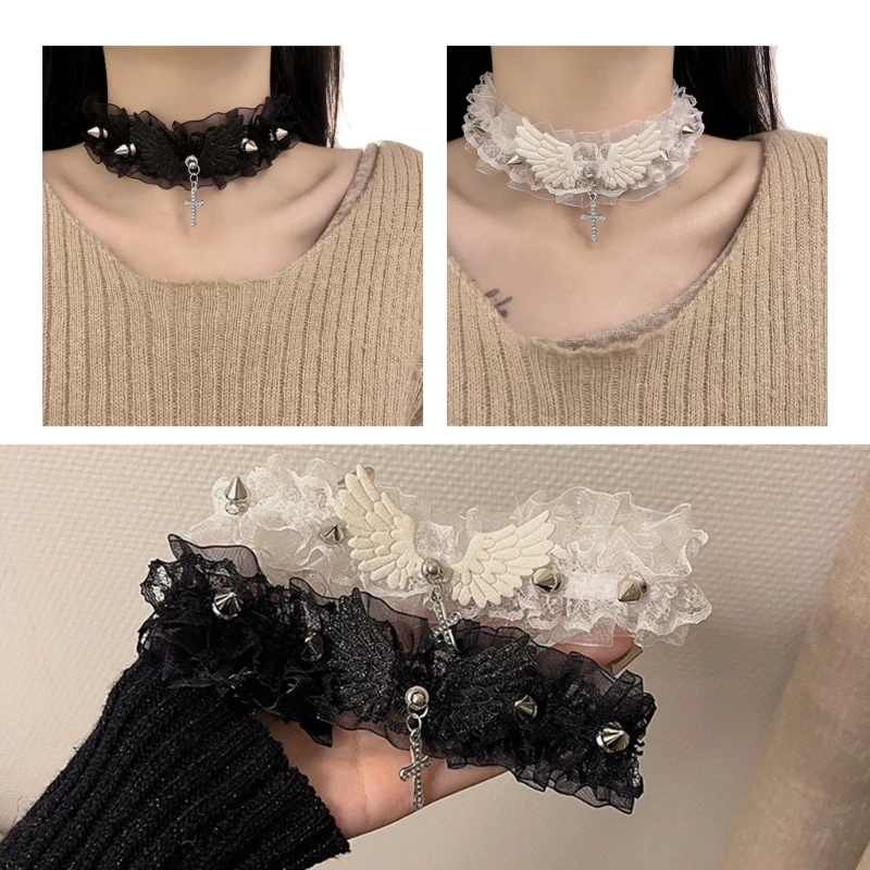 

Elegant Retro-Spikes Rivets Collarbone Chain Clavicle Necklace Gothic Lolita-Lace Collar Choker Wedding Party Jewelry