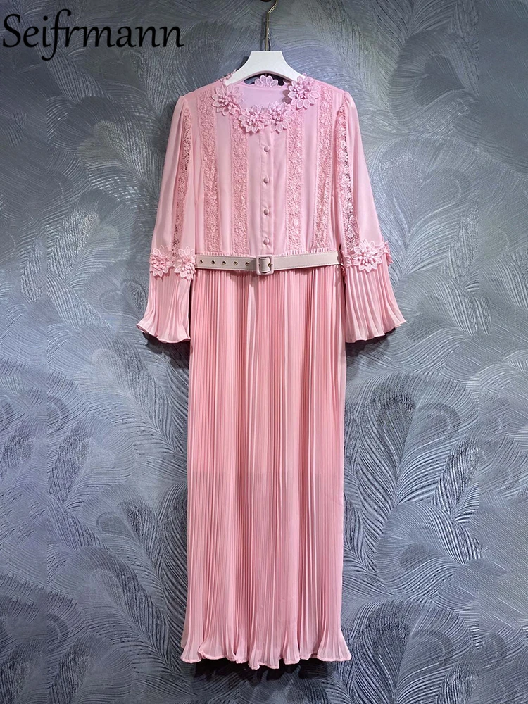 Seifrmann High Quality Summer Women Fashion Runway Pink Dress Appliques Single Breasted With Belt Pleated Flare Sleeve Dresses 
Seifrmann High Quality Summer Women Fashion Runway Pink Dress Appliques Single Breasted With Belt Pleated Flare Sleeve Dresses