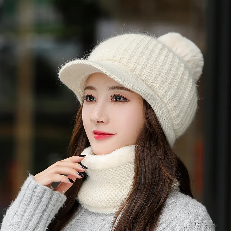 

2PCS Winter Kintted Beanie Scarf Set For Woman Solid Color Pompoms Warm Baseball Hat Retro Causal Keep Warm Casquette Cap