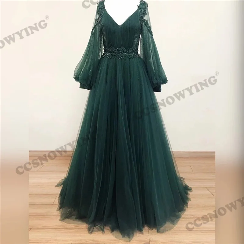 

Green Full Sleeve Double V Neck Evening Dresses Tulle Appliques Formal Party Gown Arabic Dubai Kaftan Robe De Soiree