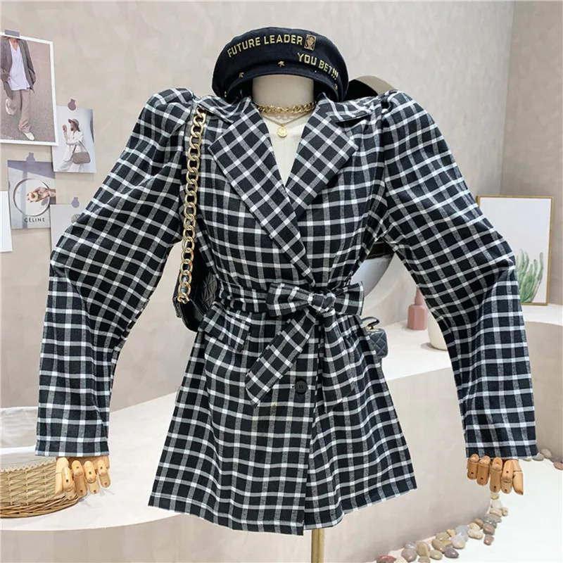 New Women's Clothing 2022 Spring Vintage Plaid long sleeved suit Blazers coat versatile waist closing lace up thin Coat 
New Women's Clothing 2022 Spring Vintage Plaid long sleeved suit Blazers coat versatile waist closing lace up thin Coat