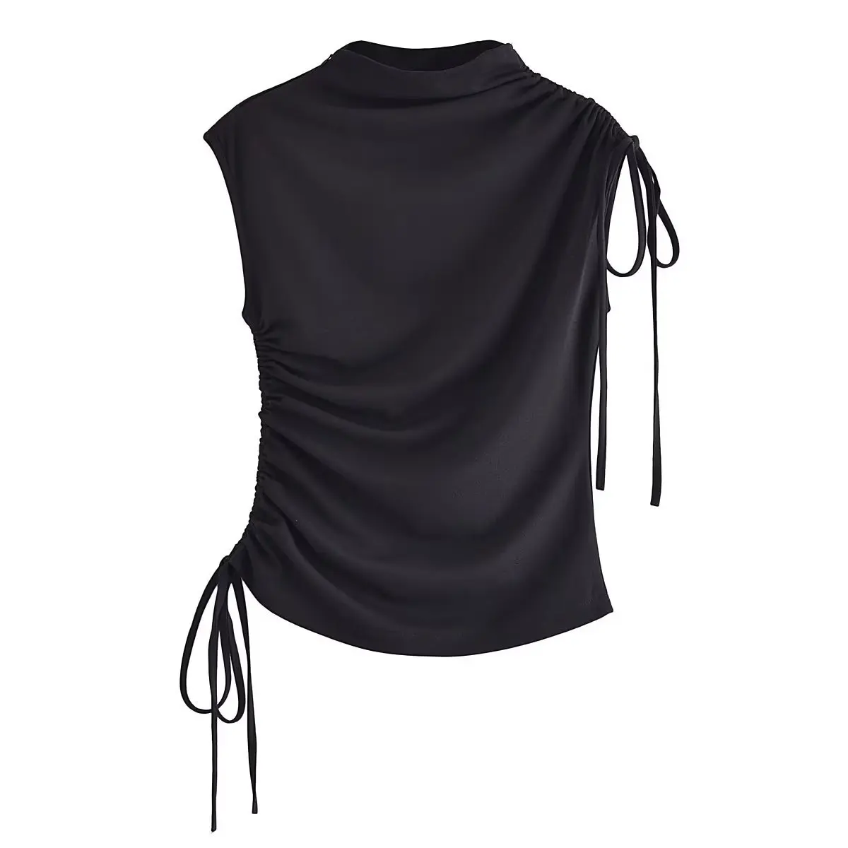 

2023 Summer New Women's Black T-shirts Standing Neck Sleeveless Pleated Shoulder Hem Drawstring Adjust Slim Top Slim Tee T-shirt