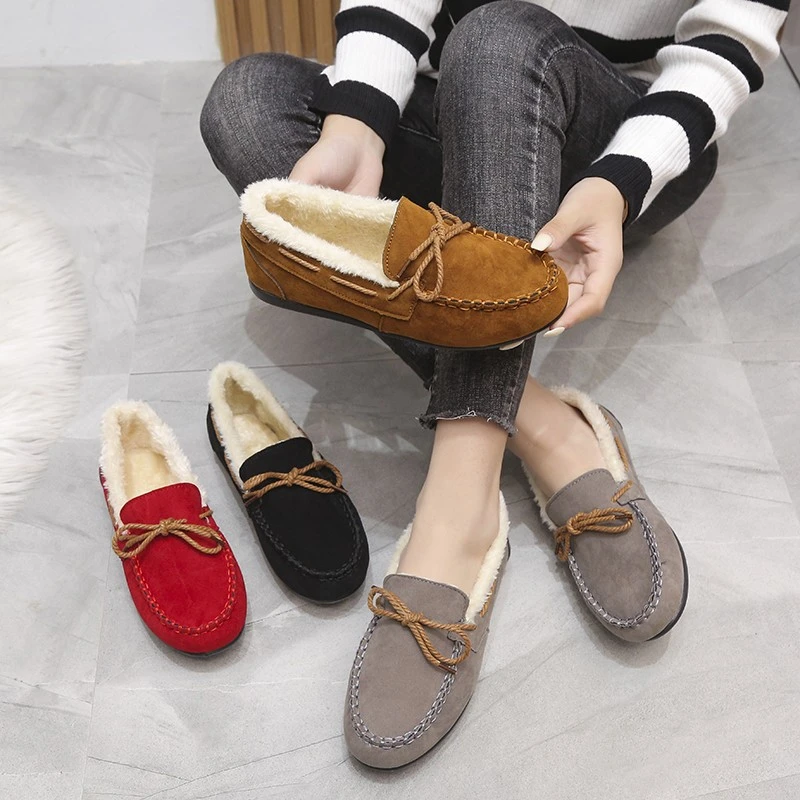 

Solid Color Bean Shoes for Women In 2022 Winter New Women's Plush Flat Sole Casual Lazy People Comfortable Cotton Shoes for