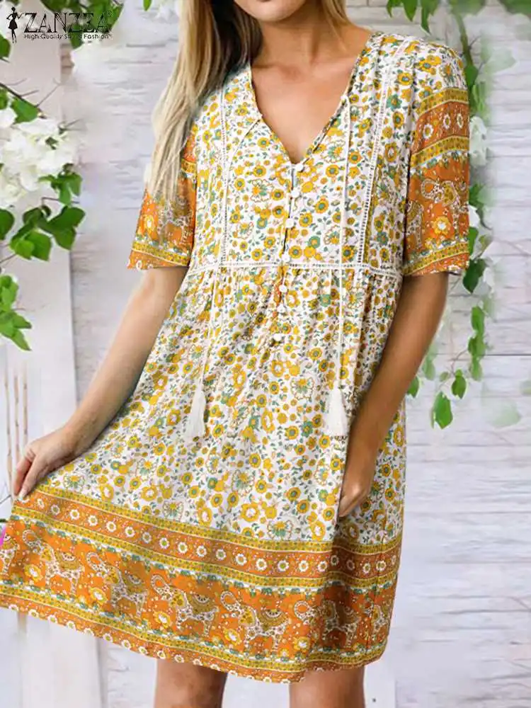 ZANZEA Bohemian Floral Printed Women Dress V-Neck Short Sleeve Button Sundress Female Elegant Casual Party Loose Holiday Robe 
ZANZEA Bohemian Floral Printed Women Dress V-Neck Short Sleeve Button Sundress Female Elegant Casual Party Loose Holiday Robe