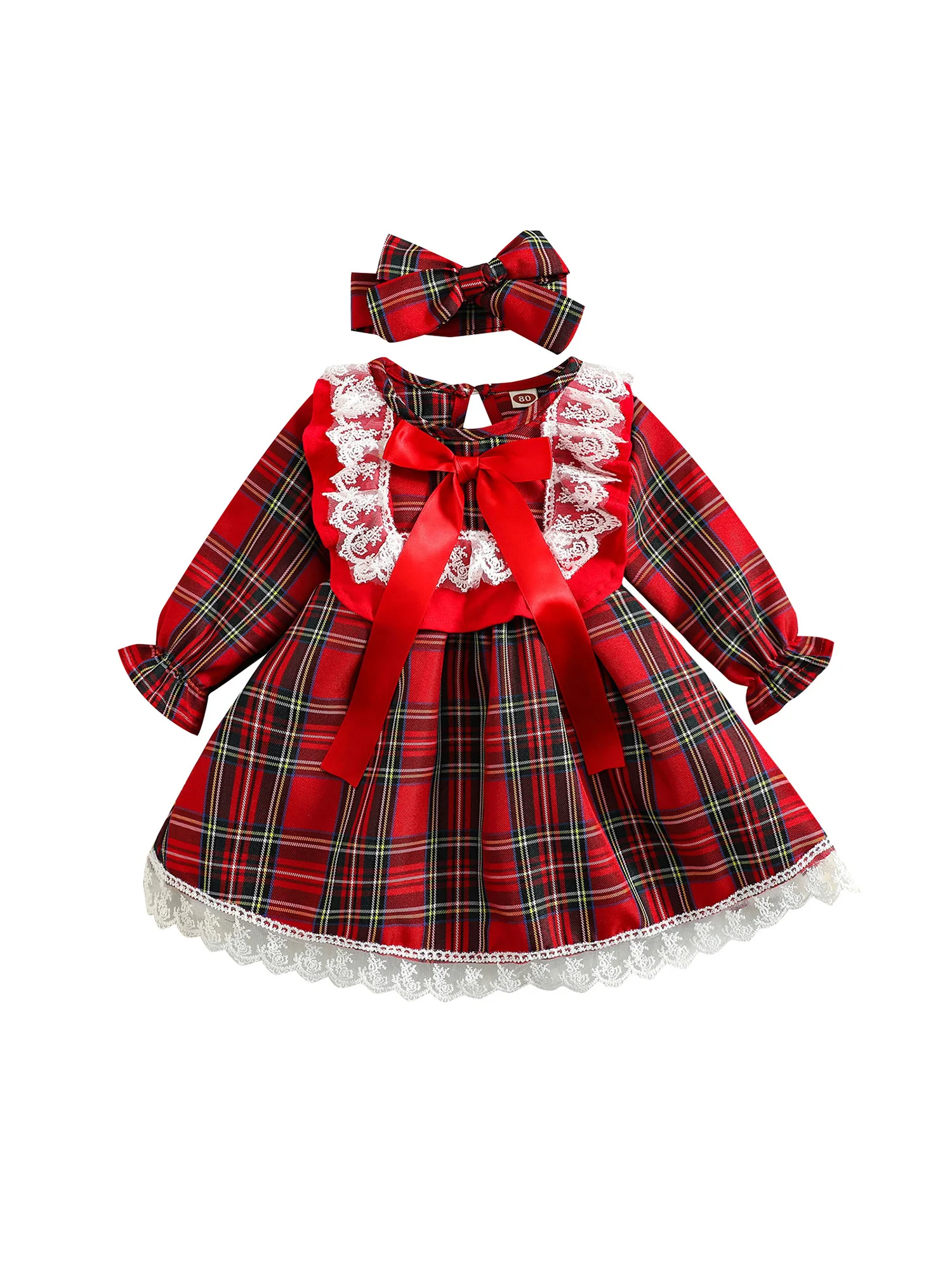 Платье в клетку с длинным рукавом, круглым вырезом и оборками 
Платье в клетку с длинным рукавом, круглым вырезом и оборками