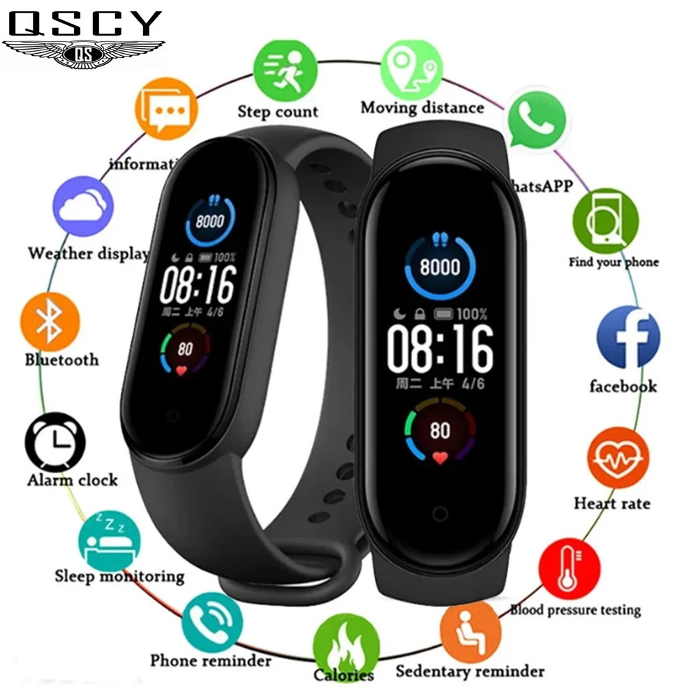 

Смарт-часы QSCY для мужчин и женщин, спортивные умные часы с тонометром, пульсометром, трекером, напоминанием, мониторингом сна, для Xiaomi M5