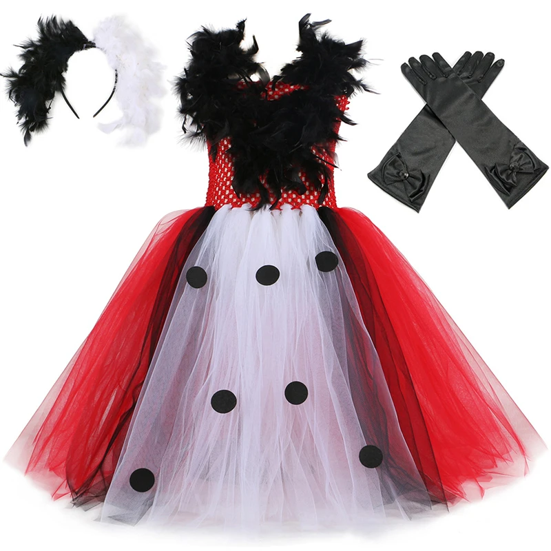 

Black White Witch Cruella Deville Tutu Dress For Girls Kids Halloween Costume 101 Dalmatians Cruella Cosplay Party Fancy Dresses