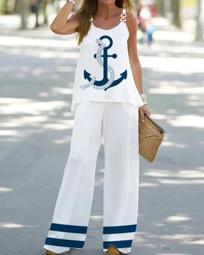 2 Piece Sets Womens Outfits 2023 Summer Anchor Print Chain Strap Tank & Wide Leg Long Pants Set Casual Fashion Female Suit
2 Piece Sets Womens Outfits 2023 Summer Anchor Print Chain Strap Tank & Wide Leg Long Pants Set Casual Fashion Female Suit