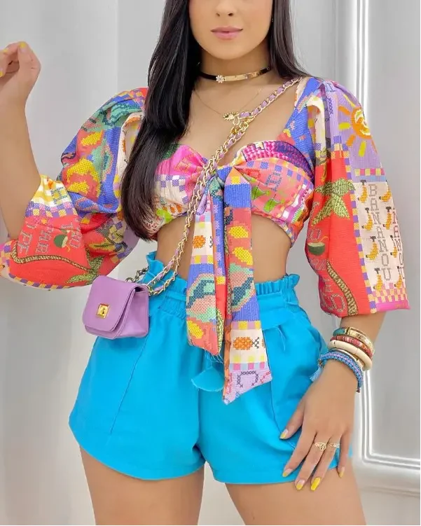 Vintage Women Print Casual Two Piece Set Puff Lantern Sleeve Crop Top & Shorts Set 2022 Summer New Fashion Lace Up Shirt Tops
Vintage Women Print Casual Two Piece Set Puff Lantern Sleeve Crop Top & Shorts Set 2022 Summer New Fashion Lace Up Shirt Tops