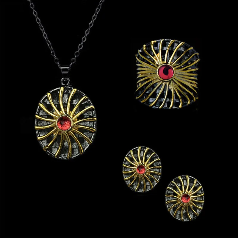 

Copper Zircon Black Gold Braided Sky Sun Flower With Ruby Ring Necklace Earrings Woman Set Wedding Jewelry