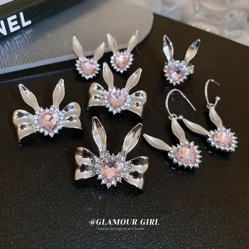 

Silver Needle Inlaid Diamond Rabbit Ears Love Bow Japanese And Korean Personality Design Sweet Cool Atmosphere Quality Earrings