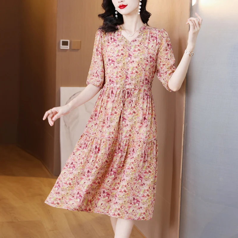 

Ацетатное шелковое цветочное элегантное винтажное женское платье миди, летние вечерние платья 2023 с круглым вырезом, корейская мода, повседневное праздничное роскошное вечернее платье