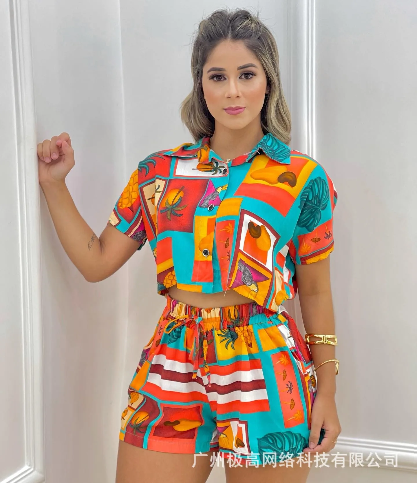 Women 2pcs Clothes Suit Short Shirt Button All Over Print Short Sleeve Top & Drawstring Shorts Set Turn Down Neck Elastic Summer
Women 2pcs Clothes Suit Short Shirt Button All Over Print Short Sleeve Top & Drawstring Shorts Set Turn Down Neck Elastic Summer