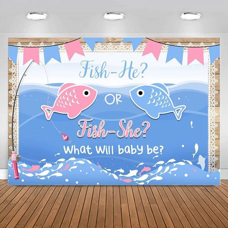 Gender Reveal Backdrop Pink Blue Fish He or Fish She Baby Shower Photo Boy or Girl Photography Background Banner Decoration
Gender Reveal Backdrop Pink Blue Fish He or Fish She Baby Shower Photo Boy or Girl Photography Background Banner Decoration