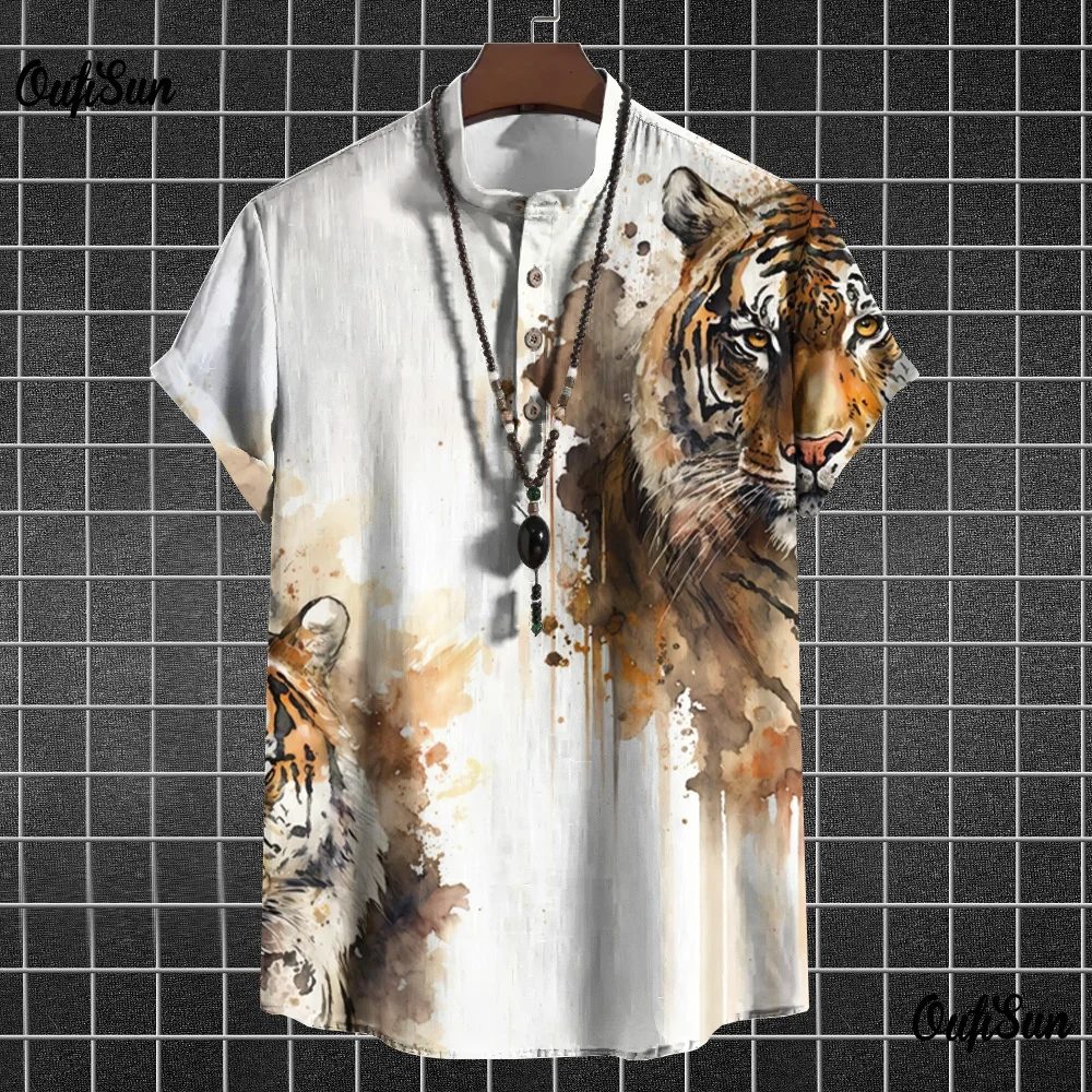 

Tiger Print Shirts For Men Henley Shirt Vintage Animal Graphic Clothing Summer Oversized Short Sleeve Tops Street Men's T-shirts