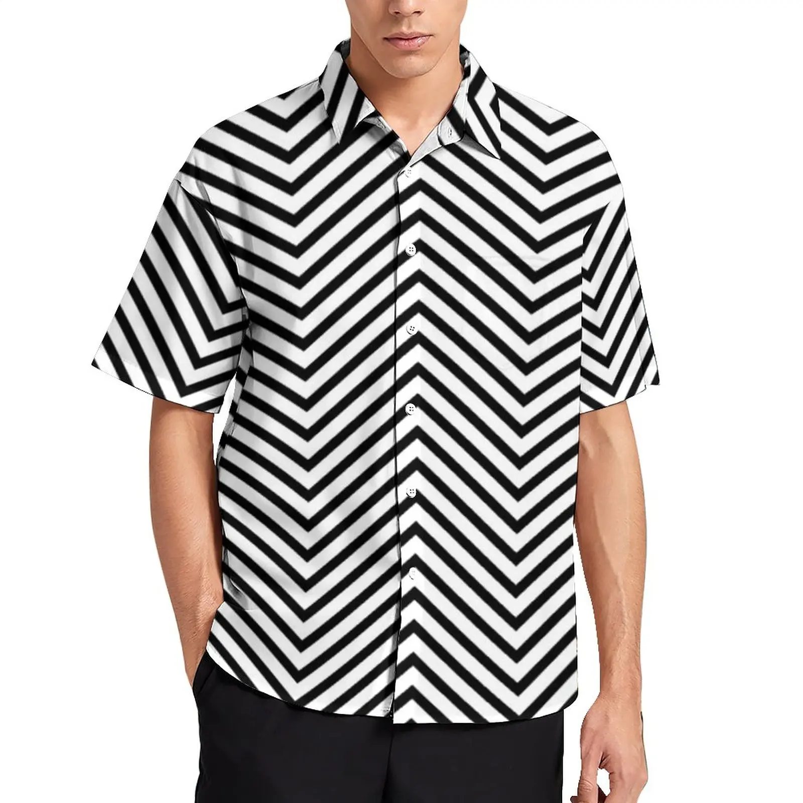 

Black Nordic Lines Casual Shirt Male Minimal Zig Zag Beach Shirt Hawaiian Fashion Blouses Short Sleeve Graphic Oversized Clothes