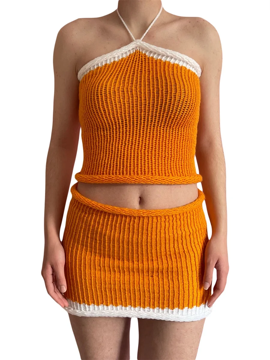 

Louatui Women Summer Knit Skirt Set Crochet Tie-up Halterneck Backless Vest Low Waist Mini Skirt for Club Party