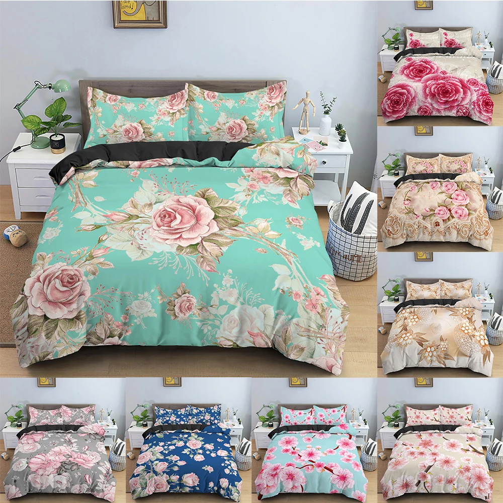 Комплект постельного белья с цветами, пододеяльником и наволочкой 
Комплект постельного белья с цветами, пододеяльником и наволочкой