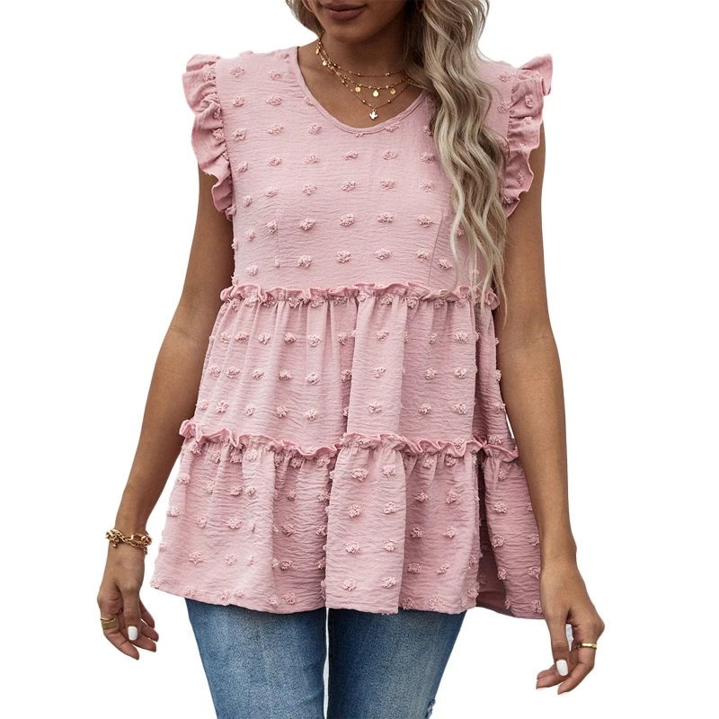 

Women Summer Ruffle Trim Sleeveless V-Neck Tank Top Swiss Dot Jacquard Solid Color Shirts Tiered Flowy Hem Casual Loose Tunic