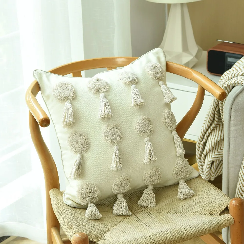 

Роскошный чехол для подушки ручной работы в стиле бохо цвета слоновой кости с кисточками, рельефный Чехол 45x45 см, домашний декоративный чехол для дивана в гостиной
