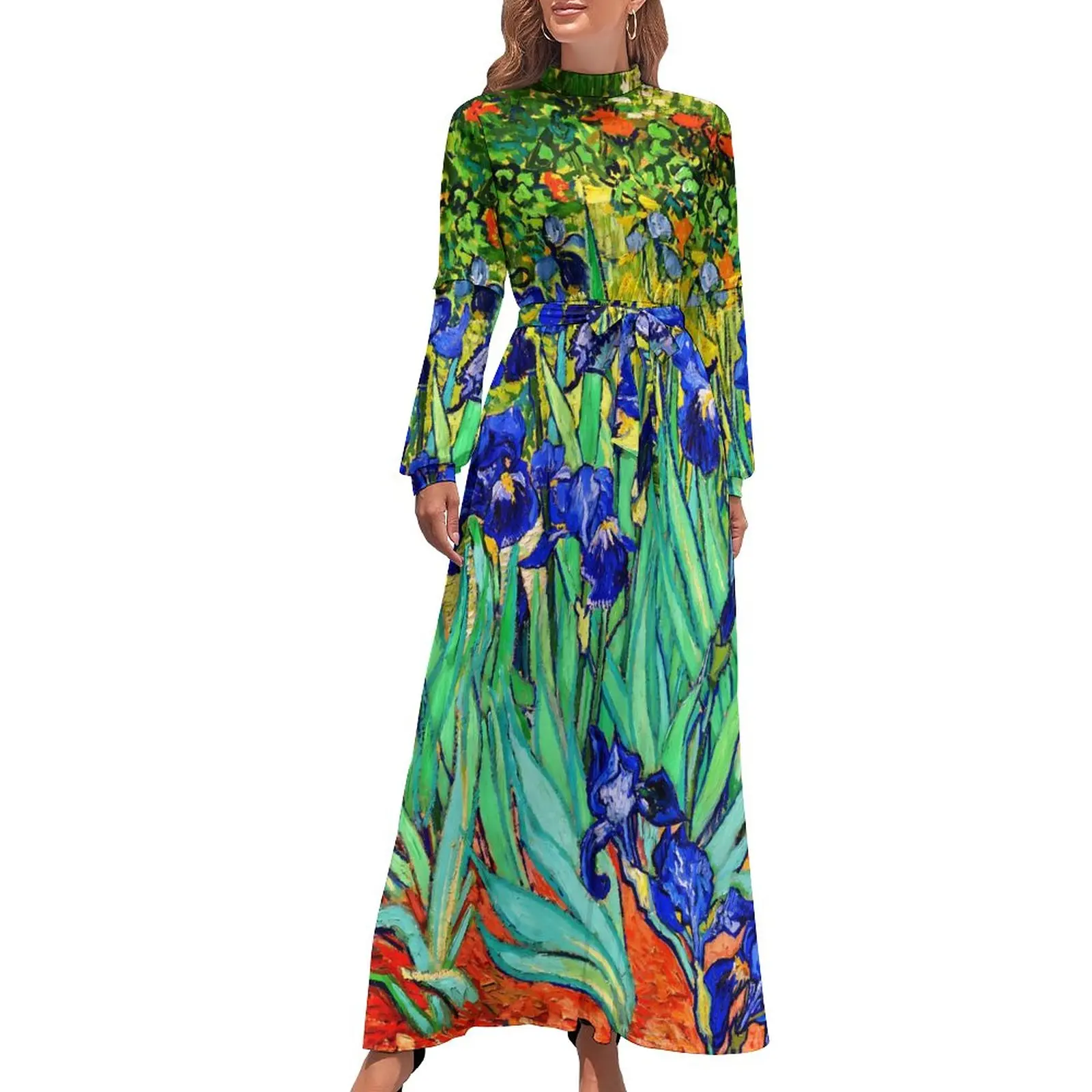 

Vincent Van Gogh Dress High Neck Floral Print Graphic Bohemia Dresses Long Sleeve Korean Fashion Long Maxi Dress Kawaii Clothing