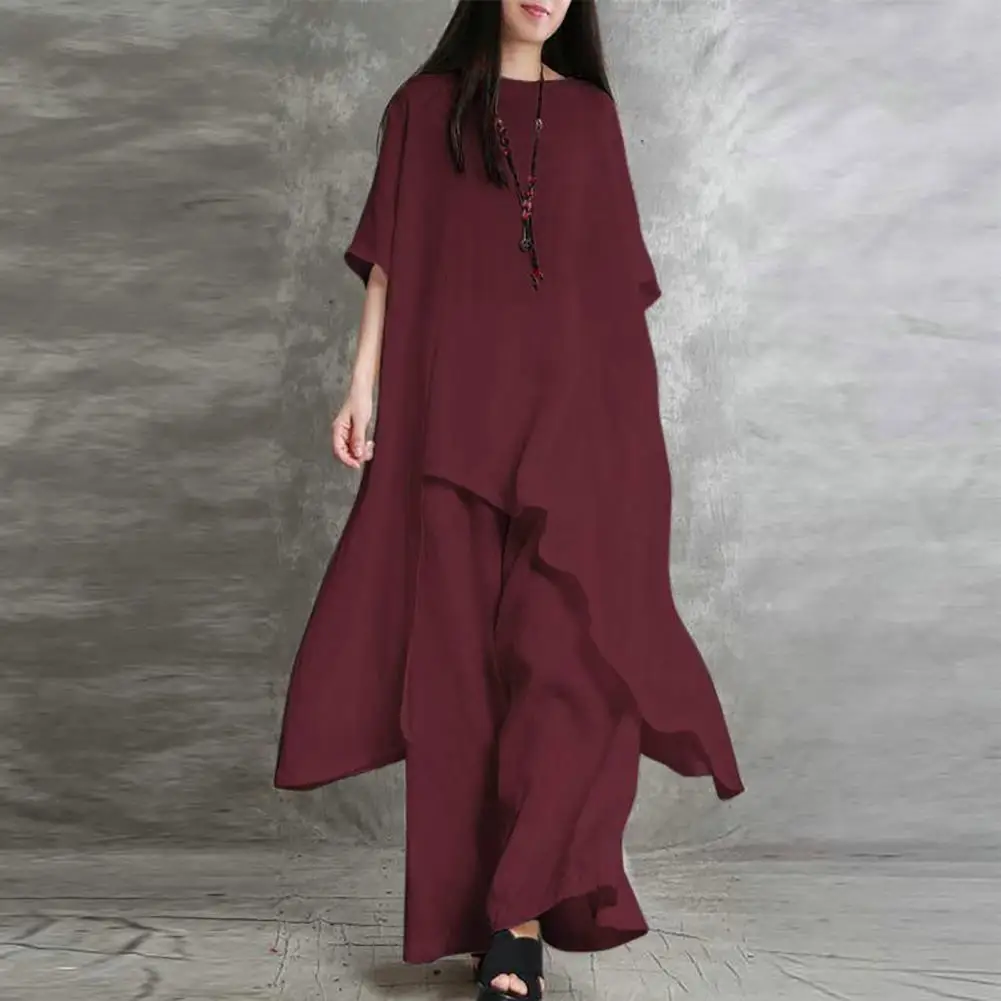 Breathable Summer Suit Flowy Round Neck Women's Top Pants Set with Irregular Hem Wide Leg Oversized Fit Casual Loose Fit Suit
Breathable Summer Suit Flowy Round Neck Women's Top Pants Set with Irregular Hem Wide Leg Oversized Fit Casual Loose Fit Suit