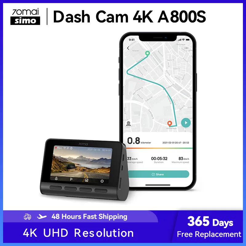 

70mai A800S 4K UHD Dash Cam 2160P Resolution Dash Camera Support GPS ADAS 24H Parking Surveillance 140FOV Rear Camera DualVision
