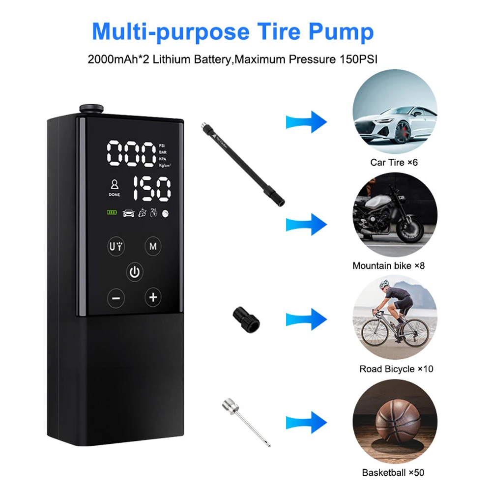 Portable Car Air Pump 150PSI Rechargeable Air Compressor Touchscreen Electric Tire Inflator for Car Motorcycle Bicycle Tires
Portable Car Air Pump 150PSI Rechargeable Air Compressor Touchscreen Electric Tire Inflator for Car Motorcycle Bicycle Tires