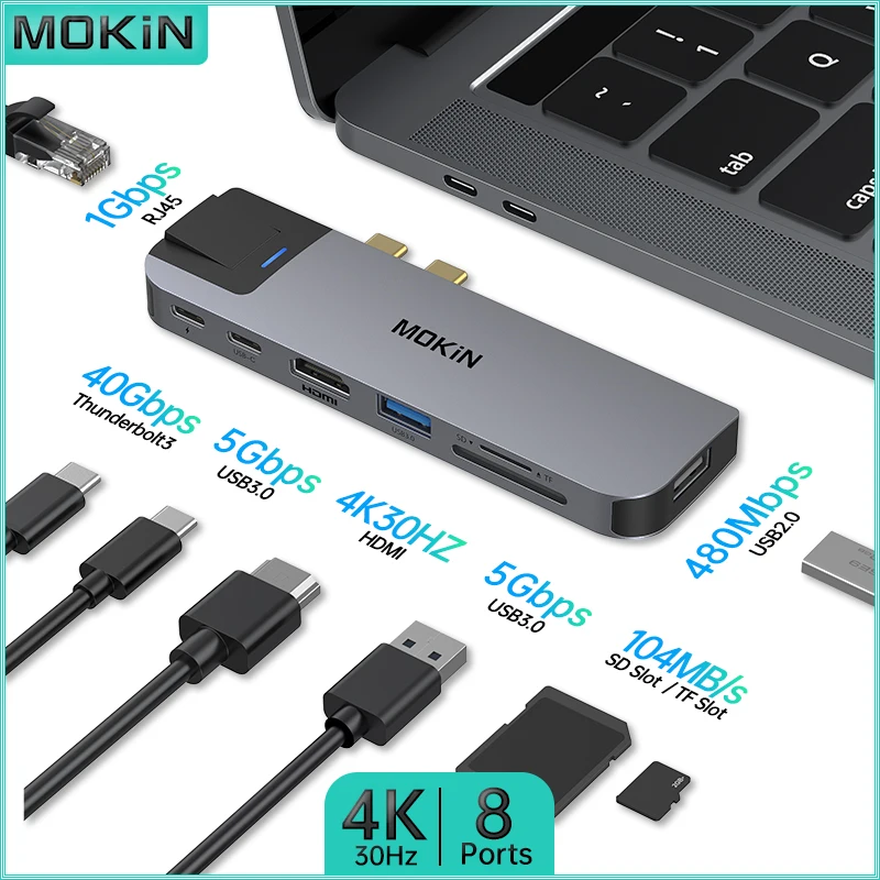 

Док-станция MOKiN 8 в 2 для MacBook Air/Pro, iPad, ноутбука Thunderbolt — USB2.0, USB3.0, Type-C 3.0, HDMI 4K30 Гц, RJ45 1 Гбит/с