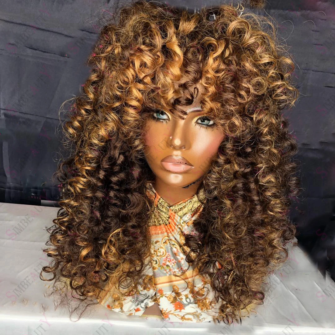

Highlight 13X6 Lace Front Wig Bangs Curly 360 Lace Frontal Wig Brown Blonde Glueless Human Hair Wigs Fringe Peruvian Remy