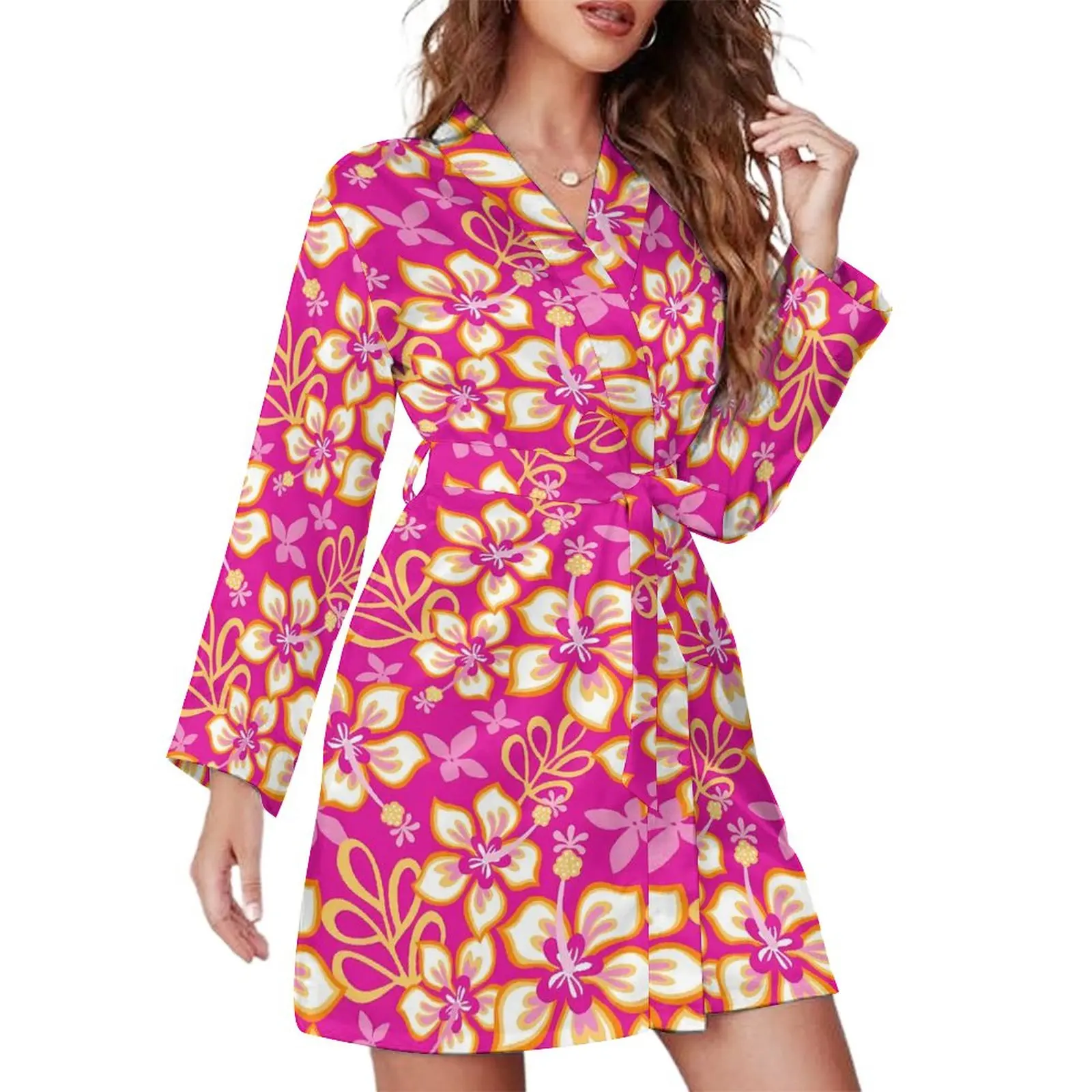 

Пижамный халат с тропическим цветочным рисунком, розовые пижамы с длинным рукавом для спальни, халаты, Женская милая одежда для сна с V-образным вырезом, весеннее платье с графическим рисунком