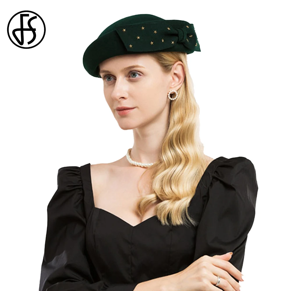 

FS Women Beret Blackish Green Bud Cap France 100% Wool Felt Autumn Winter Hat With Bow Elegant Lady Church Party Black Fedoras