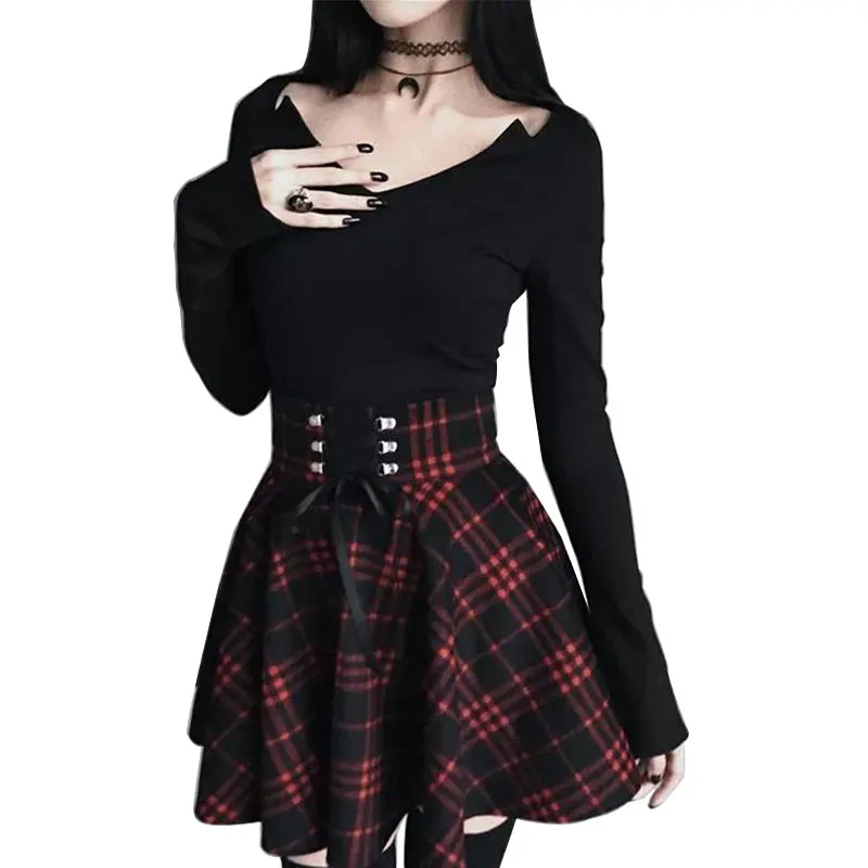 

Плиссированная короткая юбка в клетку, на шнуровке, трапециевидная черная клетчатая Женская юбка в готическом стиле, демисезонная мини-юбка в стиле хип-хоп для девушек, Клубная одежда