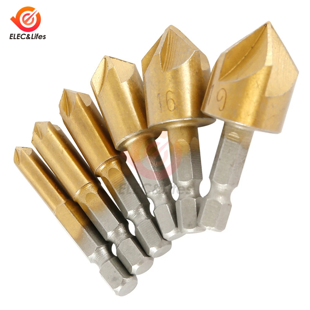 6pcs Countersink Drill Bit Set 1/4'' Hex Shank HSS 5 Flute Countersink 90 Degree Wood Chamfering Cutter Chamfer 6mm-19mm
6pcs Countersink Drill Bit Set 1/4'' Hex Shank HSS 5 Flute Countersink 90 Degree Wood Chamfering Cutter Chamfer 6mm-19mm