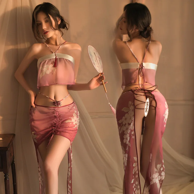 

Traditional Chinese Tassel Costume Cute Hanfu Miniskirt Sexy Lingerie Perspective Gradient Color Porn Bandage Uniform Temptation