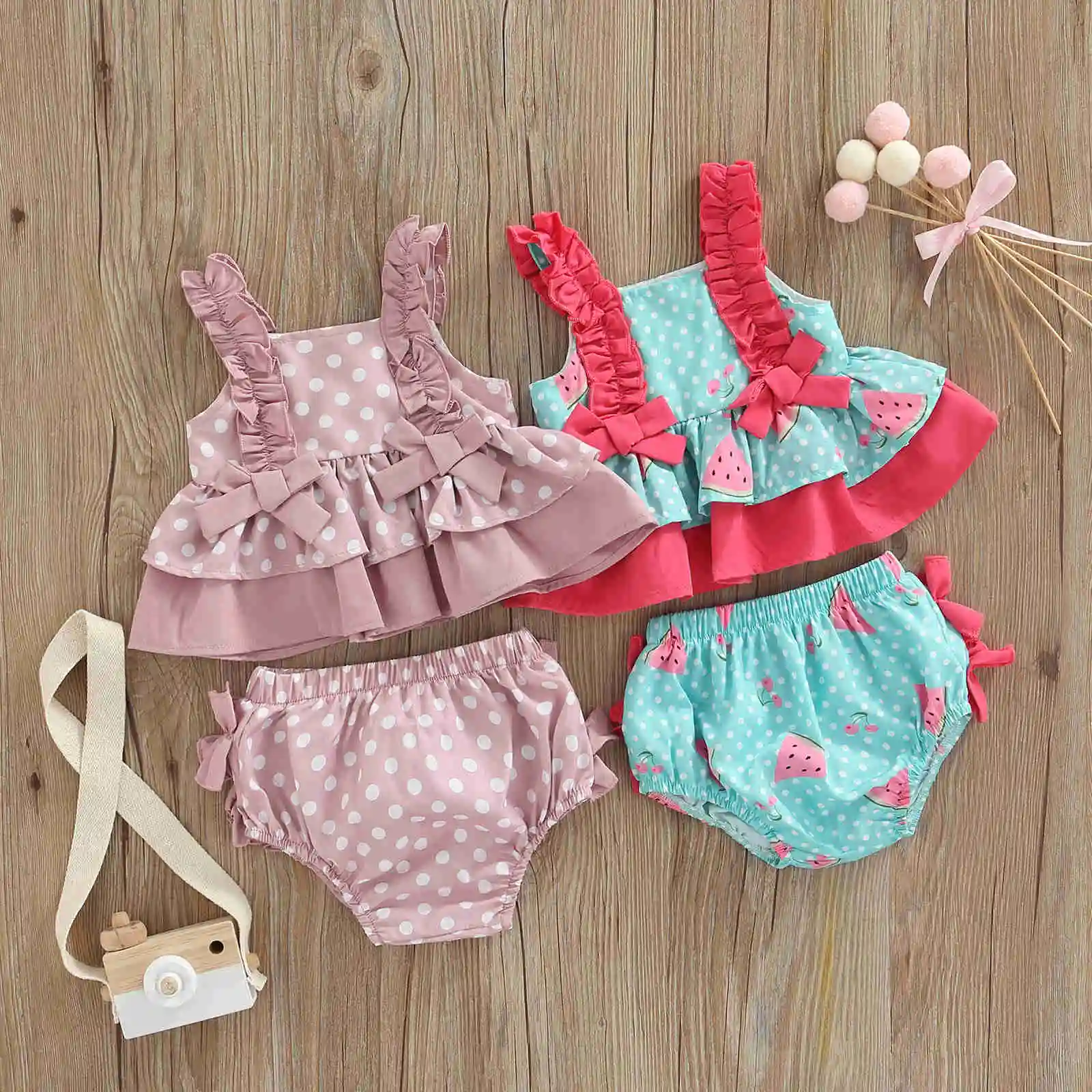 

Princess Infant Baby Girl Outfit Cute Bowknot Adorable Dots/Watermelon Pattern Sleeveless Tops+Lace Shorts Kids Clothes Set