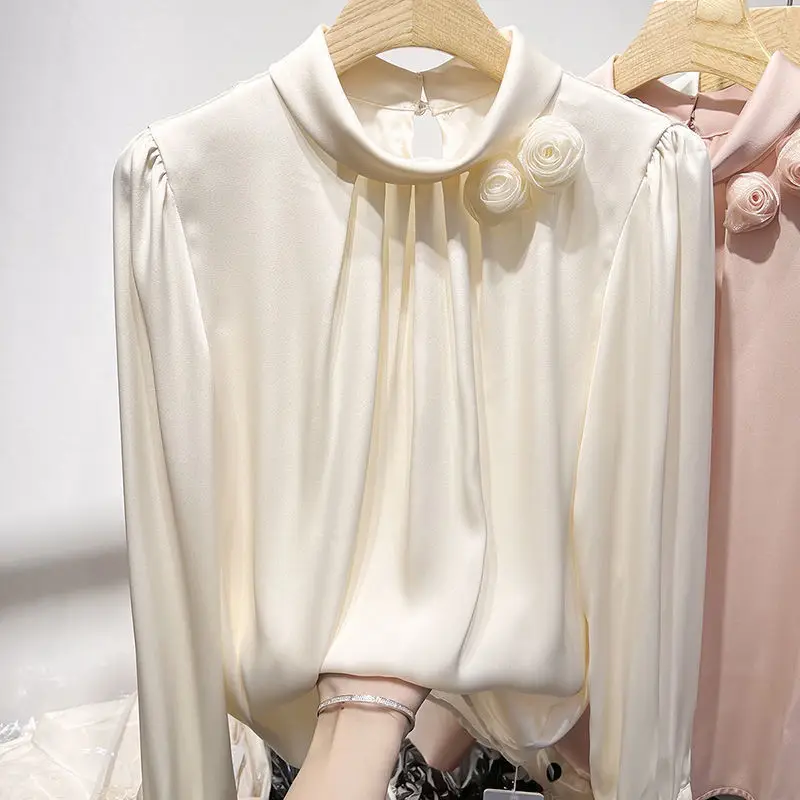 2023 Spring and Summer New Slim Stereoscopic Flower Solid Pullover Top Women's Long Sleeve Satin Silk Shirt
2023 Spring and Summer New Slim Stereoscopic Flower Solid Pullover Top Women's Long Sleeve Satin Silk Shirt