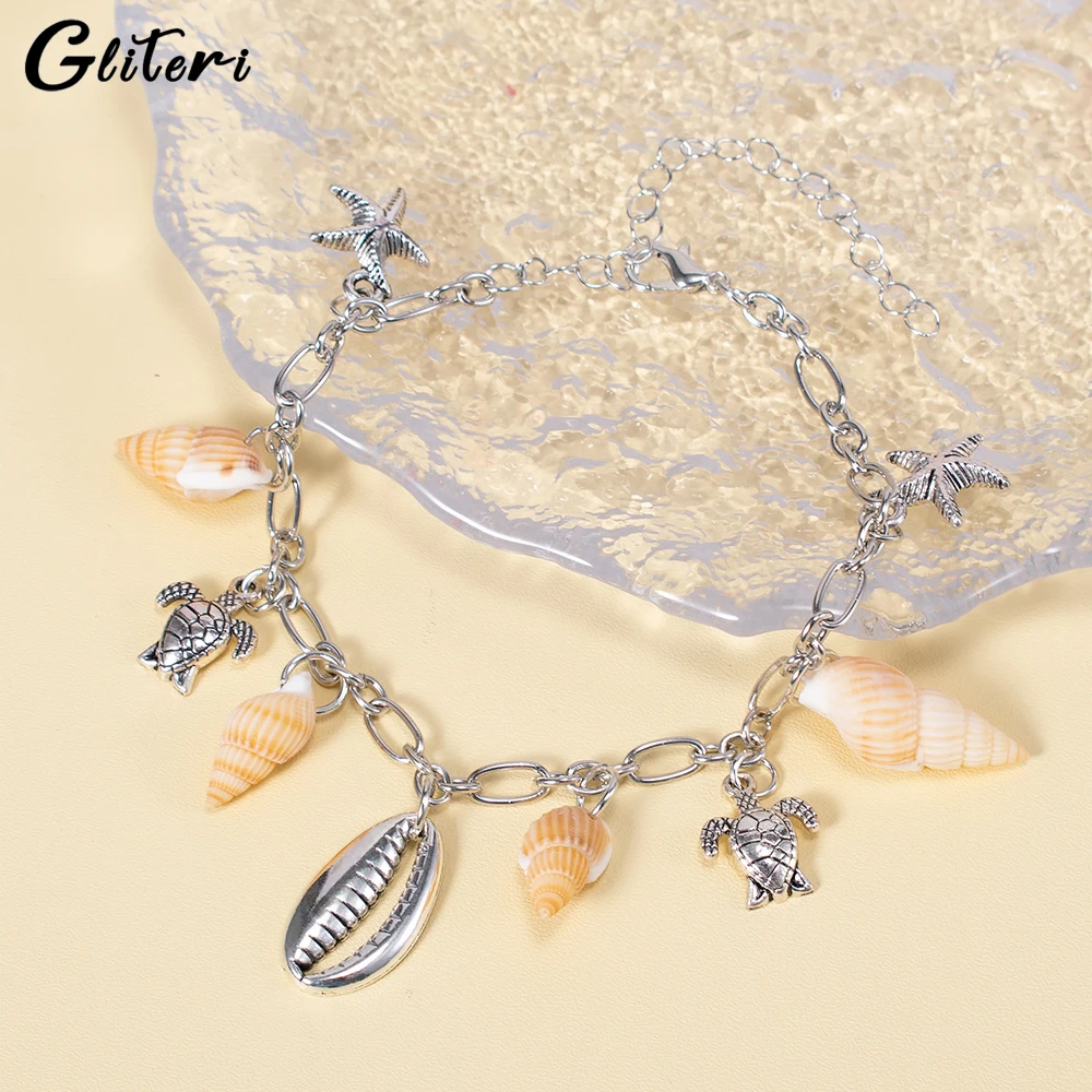 

GEITERI Silver Color Sea Turtle Starfish Conch Shell Anklets For Women Girls Bohemia Chain Pendant Foot Chain Jewelry Female Hot