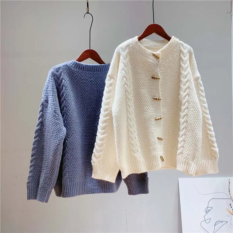 

DAYIFUN High Quality Oversize Sweater Cardigans Woman Solid Color Twist O Neck Cardigan for Women Knitted Preppy Jumper Coat