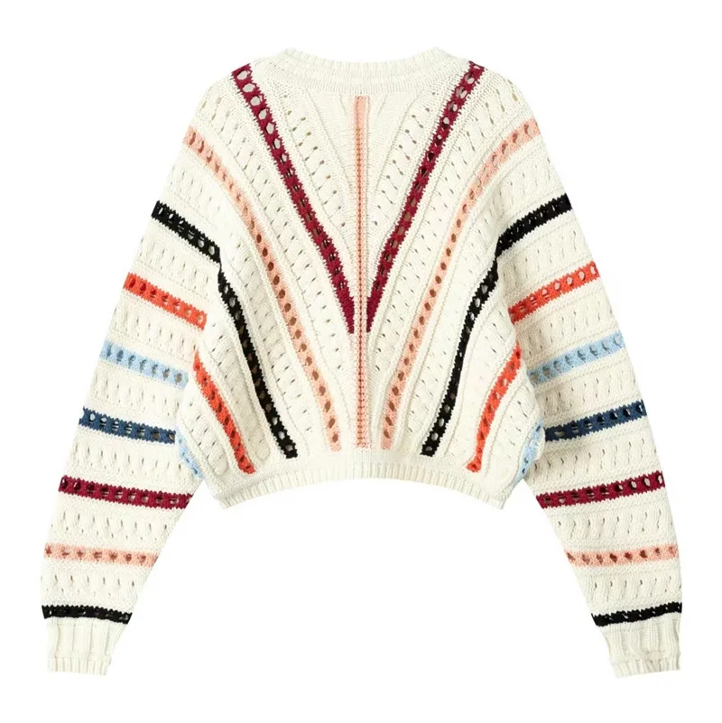 

Женский винтажный полосатый свитер, ажурный вязаный Топ с рукавами летучая мышь и крючком и цветами, осень 2023