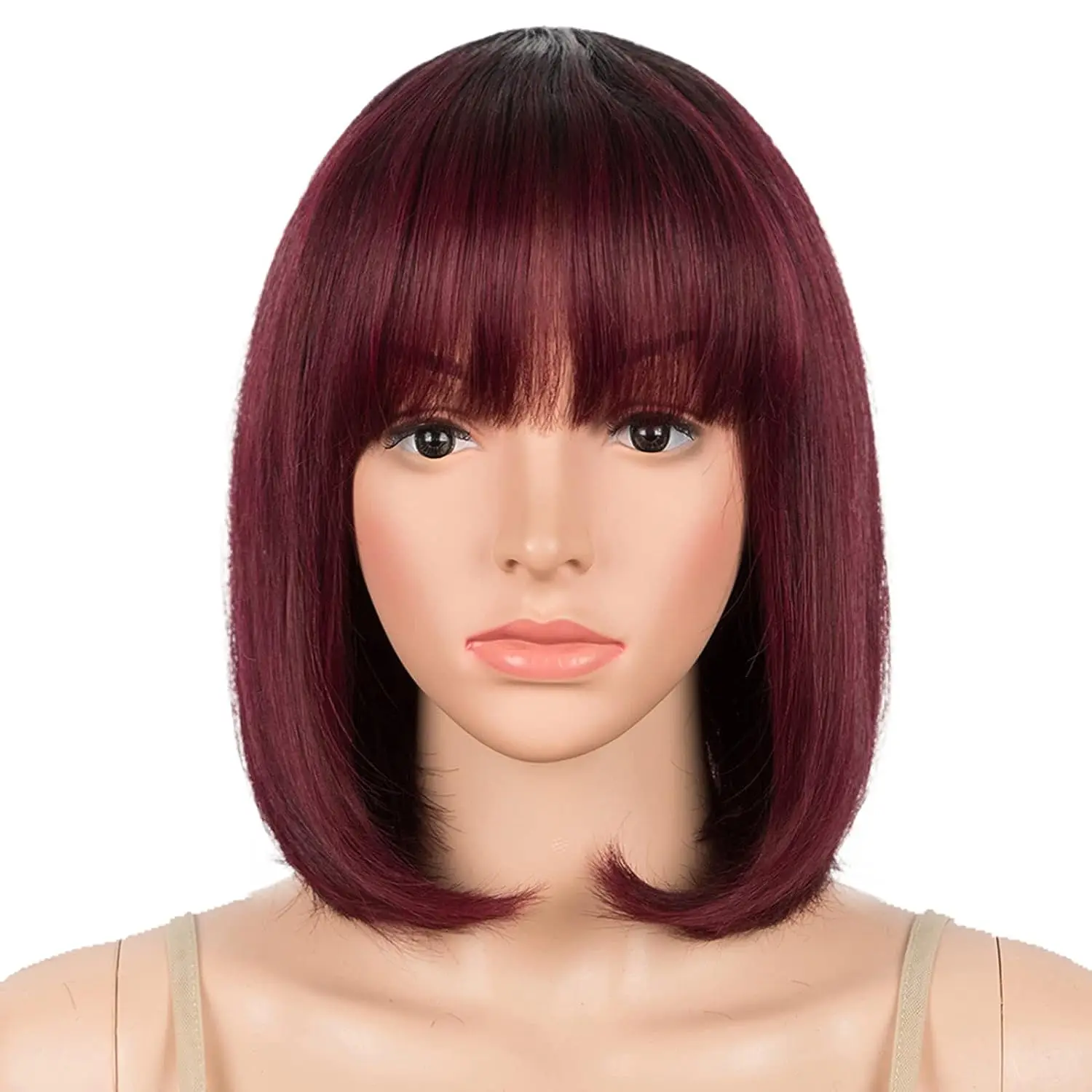 

99J Burgundy Straight Short Human Hair Wigs With Bang Bob Wigs Full Machine Made 180 Density Remy Human Hair Wigs for Womem