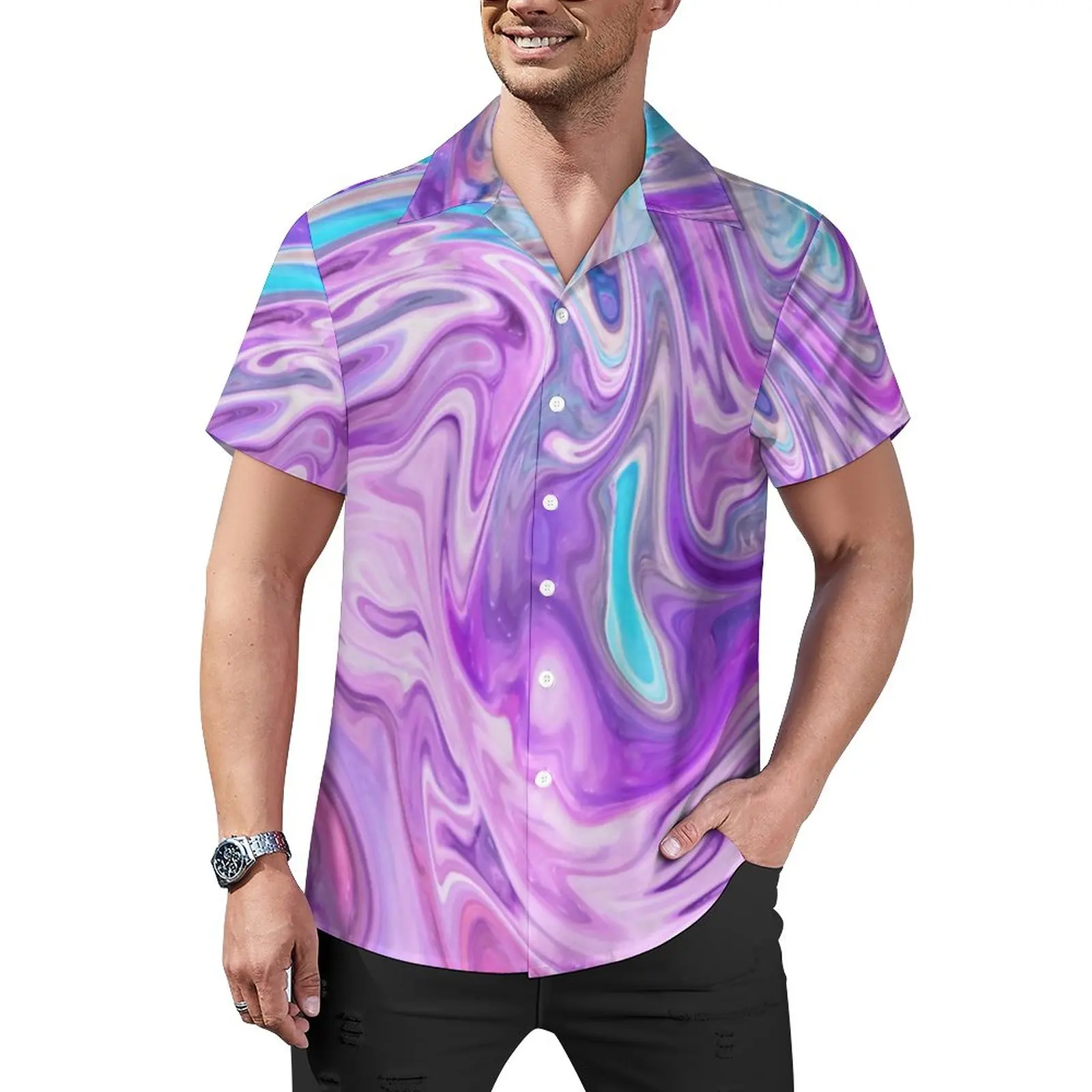 

Пляжная рубашка Liquid Swirl, синие и фиолетовые Гавайские повседневные рубашки с абстрактным рисунком, мужские стильные блузки, одежда с коротк...