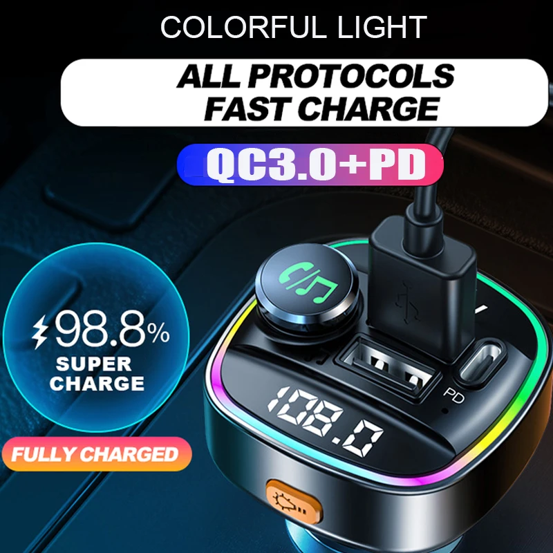 

QC3.0 Super Fast Charge FM Transmitter Bluetooth Handsfree Audio Mp3 Player 22.5W USB Car Charger Bluetooth Adapter FM Modulator