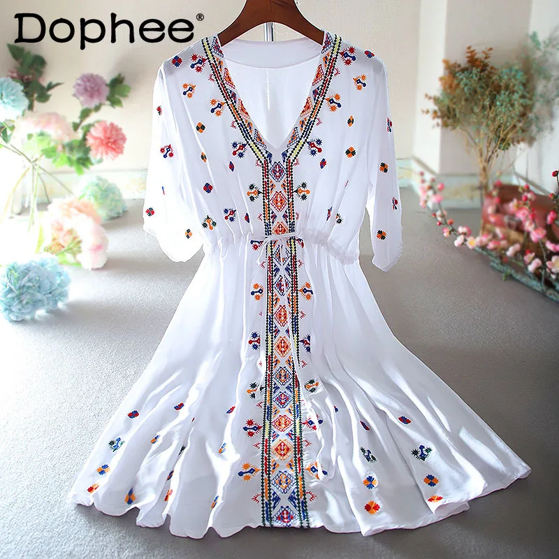 Ethnic Style Dress Summer 2022 New Elegant Embroidered Flower Drawstring High Waist Midi Dress Women Bohemian Beach Party Dress
Ethnic Style Dress Summer 2022 New Elegant Embroidered Flower Drawstring High Waist Midi Dress Women Bohemian Beach Party Dress