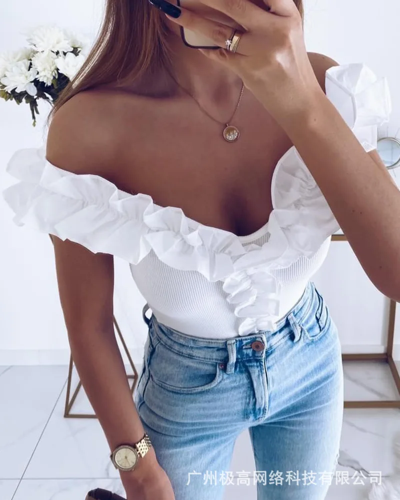 

Summer Frill Hem V-Neck Ribbed Tank Top Slash Neck White Sexy Fashion Short Ruffles Sleeve Tops Pullover Blouse